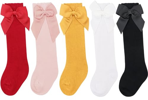DRESHOW Knähöga Strumpor För Barnflickor Småbarn Klädsockor Baby Bow Stocking Bomullsstrumpor för Spädbarn