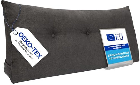 Pillows24 - Rückenkissen für Bett & Sofa mit abnehmbarem, waschbarem Bezug [ 140cm - Graphit ] | Bequemes Keilkissen und Lesekissen fürs Bett | Großes Sofakissen für Rückenlehne und Sofa