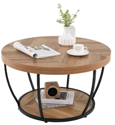 LIFEZEAL Mesa de Centro Redonda, Mesa de café de 2 Niveles con Estructura de Metal, Mueble de sofá para salón, 80 x 80 cm, Estilo Industrial (Natural)