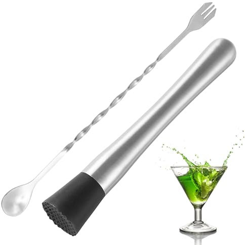 HAPPOW 2pcs Cocktail Muddler, Mixing Spoon Set, Pro Bartender Tools for Mojito, Fruit Drinks & Cocktails, Stainless Steel Bar Tool Kit for Delicious Beverage Making