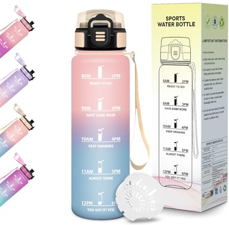 Motswedi Borraccia Bambini, 500ml Senza BPA, Design della serratura a prova di perdite, Borraccia Motivazionale, Con marca temporale, per Scuola, Sport e Trekking - Rosa&Blu cielo