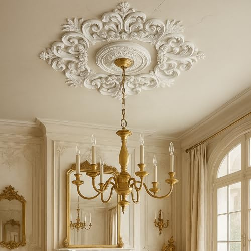 Nuanchu 35.4'' Large PU Ceiling Medallion Combination Decorative 2.36'' ID French Style Chandelier Base Ceiling Medallion for Light Fixtures Victorian Rosette Light Covers for Chandeliers(Elegant)