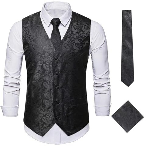YOSUWOAI Gilet traditionnel décontracté 3 pièces pour homme avec cravate, mouchoir et gilet, motif cachemire floral, jacquard, gilet de costume vintage classique