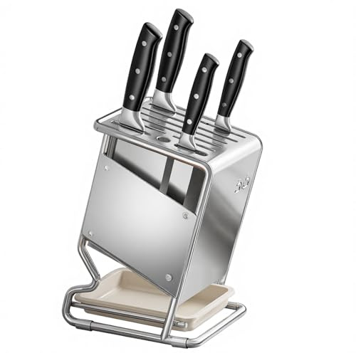 Woobroo Stainless Steel Knife Block with Drip Tray, 8 Slot Universal Countertop Knife Holder, 1 Sharpening Steel Holder and Non-Slip Feet, Modern Kitchen Knife Stand Set (Silver)