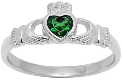 Bague Claddagh Femme en Argent Sterling 925 Rhodié | Alliance Solitaire Cœur Vert Forêt Couronne et Mains | Bijou Celtique Traditionnel Poinçonné Idée Cadeau Saint-Valentin Promesse | Tailles 50-62