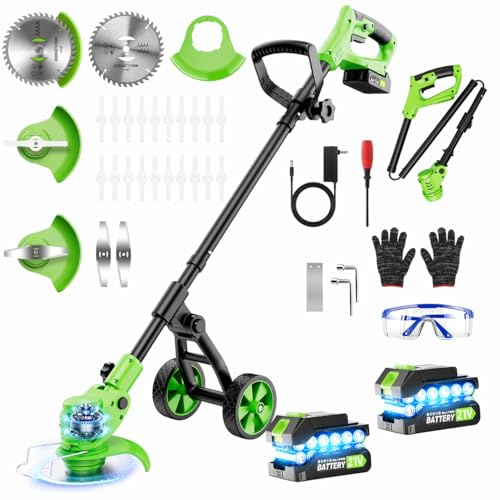 4-in-1 Rasentrimmer mit Akku 21V, Freischneider und Rasenkantenschneider mit Hilfsrad, 2 Akkus und Ladegerät, 4 Klingentypen, 90°Drehkopf, Teleslopstiel, Gartengerät für Rasen, Gärten