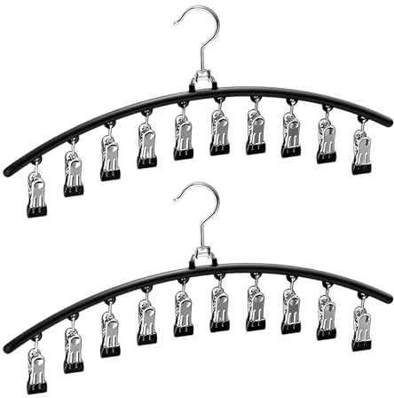 2 Pack Trouser Hangers with Clips, Leggings Hanger Organizer, Scarf Hanger | 360° Swivel Hook Trouser Hangers with 20 Clips, Space Saving Design, Leggings, Skirts, Underwear & Closet Organiser, Black