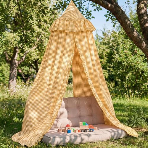 SmoothNovelty Gingham Plaid Bed Canopy with Ruffles Soft Vintage Style Decorative Tent for Reading Nook Play Area or Adult Bedroom Circus Tent Canopy(Yellow)
