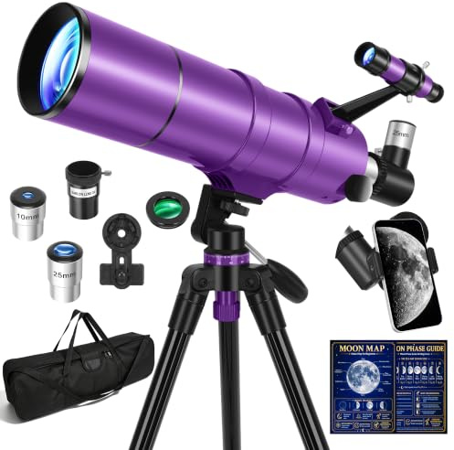HUGERSTAR Telescope for Adults & Kids, 90mm Aperture 600mm Refractor Telescope for Astronomy Beginners, Portable Travel Telescopes with Tripod, Phone Adapter, Moon Filter, Carry Bag & Moon Phase Guide