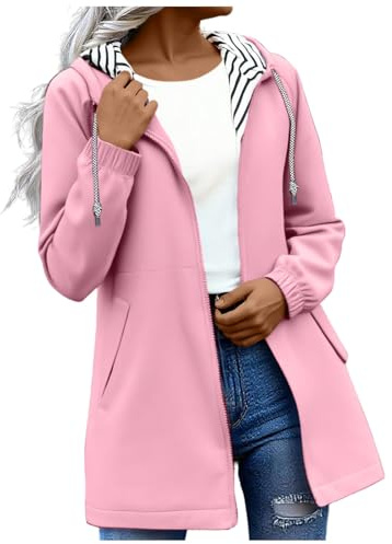 Lightweight Waterproof Jacket Women, Full Zip Cardigan Windproof Raincoat Drawstring Stylish Windbreaker Coat Stripe Lined Rain Jackets Leisure Hooded Raincoats Outdoor Outwear for Walking & Hiking