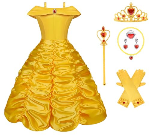 Vicloon Prinzessin Kostüm Mädchen,9 Set Belle Kostüm Kinderkleider Mädchen Tutu Kleid mit Zubehör, Handschuhe, Diadem, Zauberstab und Halskette Ringe