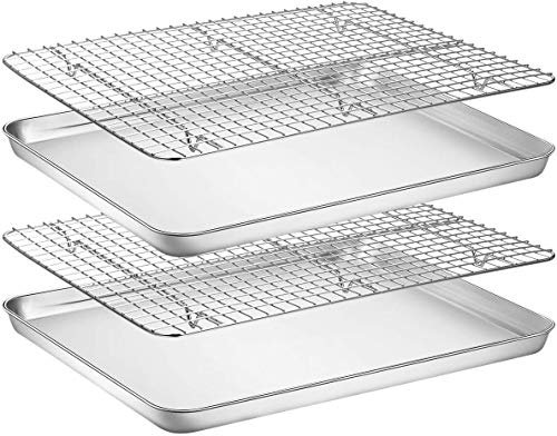 Baking Sheet & Rack [2 Sheet + 2 Rack], Stainless Steel Cookie Pan with Cooling Rack, Checkered Baking Sheet, Oven Safe Baking, Non Toxic, Heavy Duty, Easy Clean (16 x 12 x 1 inch)