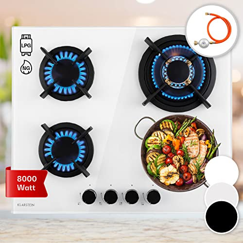 Klarstein Tables de Cuisson à Gaz, Plaque de Cuisson Gaz à 4 Brûleurs, Table de Cuisson Electrique à 4 Feux de 8000W, Cuisiniere Gaz, Gaziniere Gaz avec Brûleurs en Acier Inoxydable, Cuisinières GPL