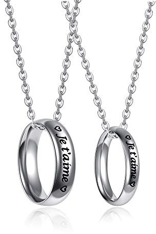 Jovivi - 2 collares para parejas con colgante de anillo grabado personalizado de acero inoxidable, anillo de amor, regalo de San Valentín, hombre y mujer, con cadena de 24 pulgadas, 61, Acero