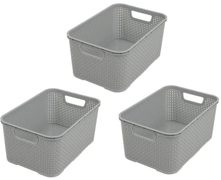 BranQ - Home Essential Cesta en diseño de ratán, juego de 3 unidades, tamaño M, 10 L, sin bisfenol A, plástico polipropileno, gris claro