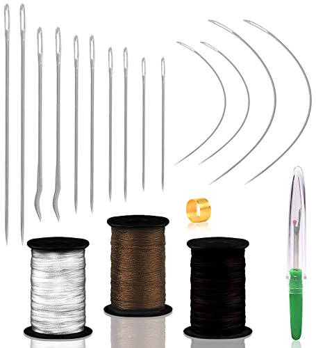 19 Pack Upholstery Needle and Thread Kit, Leather and Curved Needles, Nylon Thread, Thimble, Seam Ripper for Canvas, Leather, Carpet Repair