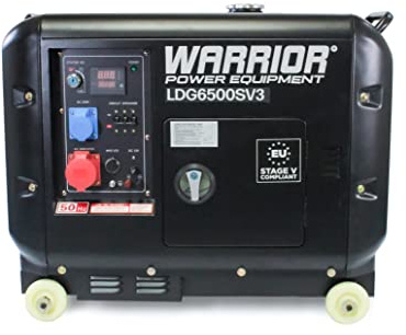 Warrior 6.25kVa Diesel Generator – 186cc 3-phase ready Engine, 5500 Max Watts, Electric Start, 12-hour run time, Quiet Running at 68 dBA & Soundproof Canopy, For Industrial Construction Catering