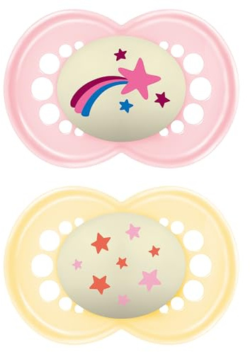 MAM Original Night Succhietto 6+ Mesi (Set da 2), Ciuccio MAM 6-16 mesi che si illumina al buio con tettarella in caucciù, Kit da 2 accessori neonato con porta ciuccio sterilizzatore, Rosa/Giallo