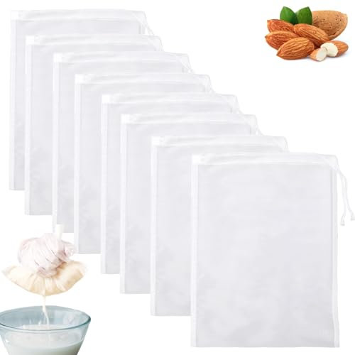 Vinuwu 8pcs Étamine Alimentaire 20x30cm – Sac à Lait Végétal en Nylon Réutilisable, Mousseline Fine pour Jus, Fromage, Thé, Épices, Cheese Cloth Passoire Filtre Cuisine Multi-usage