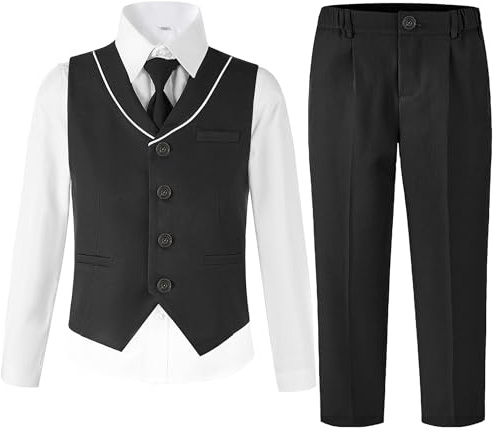 LOLANTA 4-delad kostym set för barn, formell kostym för bröllop och födelsedagsfest för barn, barn, väst, byxor, skjorta och fluga för barn, 2–14 år, Svart noir noir, 3-4 år