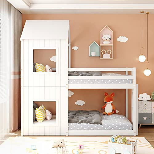 Kinderbett 90x200 Etagenbett für 2 Kinder, Hausbett Hochbett mit Leiter und Baldachin, Baumhausbett Stockbett Kinderhochbett Jugendhochbett mit Rausfallschutz und Lattenrost, Ohne Matratze, Weiß