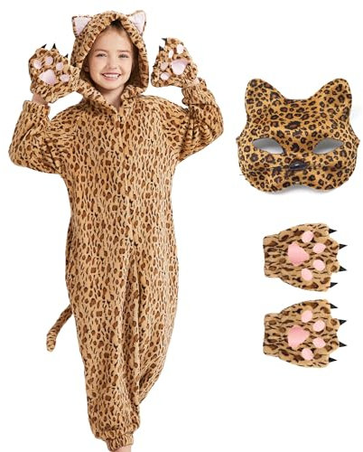 Ezuwail Leoparden Kostüm Kinder Schneeleopard Strampler Mädchen Tier Pyjama Gepard Onesie Halloween Tier Cosplay Faschingskostüm Mädchen Jungen
