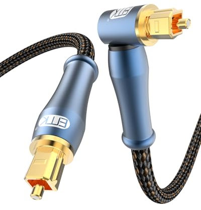 EMK 90 Degree Toslink Optical Cable 24K-Gold Connector 360 Degree Free-Rotating Plug Fiber Optic Cable S/PDIF Toslink Male to Male for Home Theater, Sound Bar, TV, PS4, Xbox (Blue,6.6ft/2m)