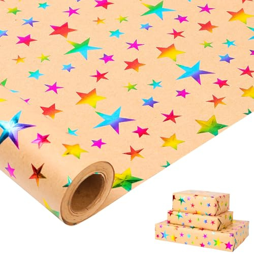 HBell Kraft Wrapping Paper Roll,10m Colorful Stars Birthday Wrapping Paper,Recyclable Gift Wrap Paper for Christmas, Birthday,Baby Shower,Festive Decorations,DIY Crafts