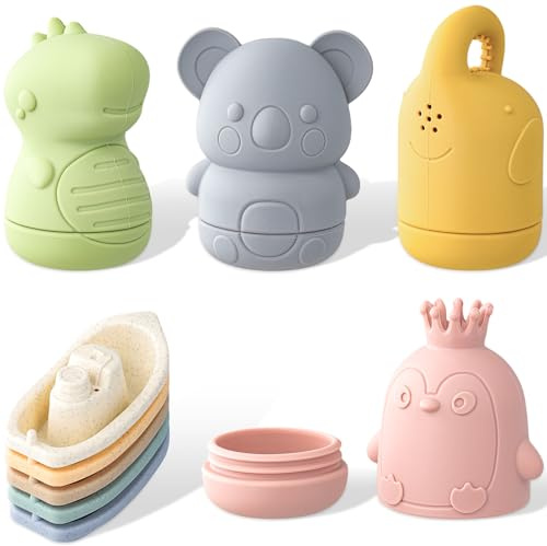 9 Pezzi Giocattoli da Bagnetto Giochi Bagnetto per Bambini 1 2 3 4 Anni Giocattoli Da Bagnetto Da Spremere con Barchette da Bagnetto Impilabili