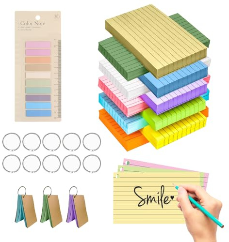 HAPLOVE 1 000 st flerfärgade indexkort (8 x 13 cm) – 10 färger flashkort linjerade anteckningskort med bonus 200 st indexflikar för studier, flashcards och kontorsbruk