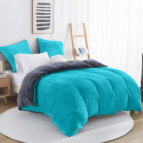 Viviland Ropa de cama de invierno de 135 x 200 cm, funda de edredón para 1 funda de almohada de 80 x 80 cm, color azul glaciar, forro polar, ropa de cama de franela con cremallera