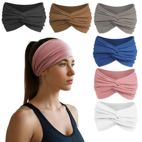 HSEM Headbands for Women, Non Silp Wide Hair Bands, Elastic Thick Head Bands, Stretchy Soft Sports Sweat Bands for Spa Workout Running Gym, Twist Knotted Cotton Cloth Turban Hair Accessories 6Pcs
