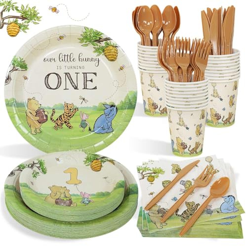 Winnie First Birthday Decorations Plates Set, 175pcs 1st Birthday Plates Napkins Cups Cutlery for Boys and Girls, 25 Guests
