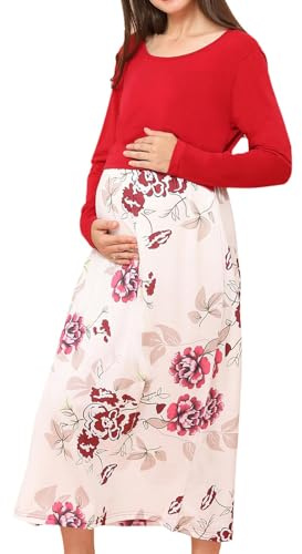 Gefomuofe Robe de grossesse pour femme - Robe de maternité - Robe d'allaitement - Manches longues - Robe tricotée élégante - Robe de loisirs - Robe d'allaitement plissée - Robe pull, rouge, L