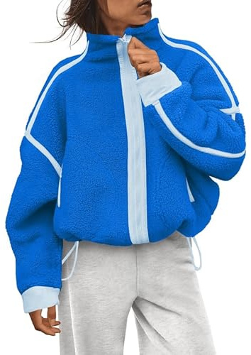 Aimiray Fleece Jackets Women Long Sleeve Zip Up Stand Collar Sherpa Jackets Warm Soft Trendy Teddy Outerwears with Pockets(Blue-S)