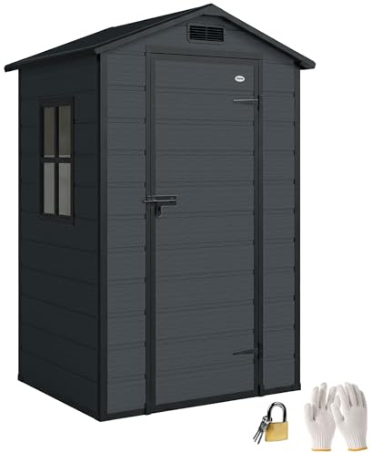 Outsunny Casetta da Giardino 1.09m² in PP e Alluminio con Pavimento, Capanno da Giardino con Porta Bloccabile, Prese d'Aria, Finestra, Tetto Inclinato, Guanti, Capanno Porta Attrezzi, Grigio Scuro