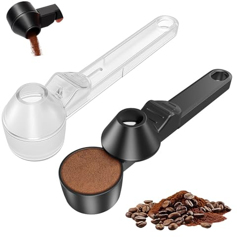 FloralGrace Cucchiaio Dosatore caffè con Imbuto Set di 2 Cucchiai Misuratori per Polvere di caffè Nero E Trasparente in Materiale ABS Design Utensili Multifunzionali per