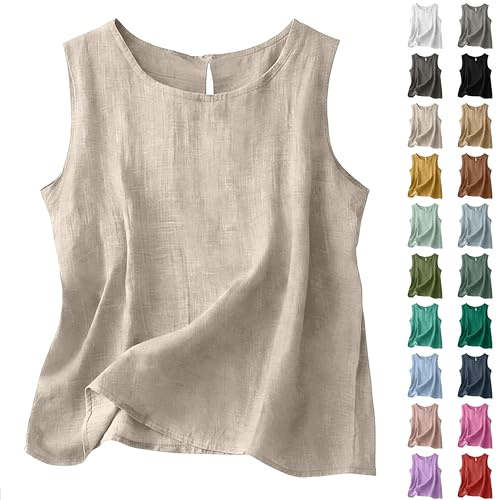 Generico Canottiera Donna Cotone Lino Canotta Estiva Senza Maniche Top Elegante Girocollo Blusa Spalla Larga Tinta Unita Canotte Estive Magliette Base Tank Top