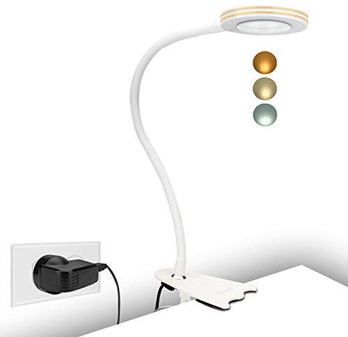 CeSunlight Clip Light, 8W Clamp Bed Lamp, Bedside Led Reading Lamp for Headboard, Desk, Warm, Daylight and White Light 3 Colors, Eye-Care 10 Dimmable Illumination Modes (White)