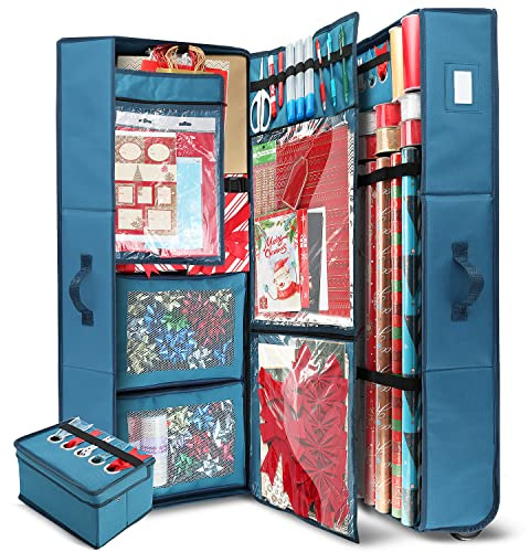 Hearth & Harbor Wrapping Paper Storage Container with Ribbon Dispenser and Interior Pockets - Large Christmas Storage Containers with Wheels, Fits 30 Rolls of 40 Length, Blue