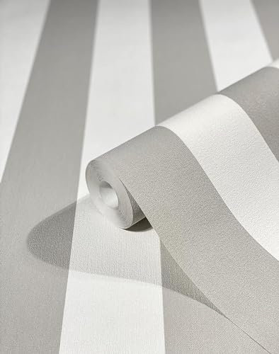WALLCOVER Papier peint intissé gris argenté à rayures, style maison de campagne, lignes modernes, structure fine, 10,05 x 0,53 m, fabriqué en Allemagne