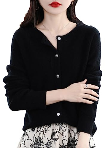 Youllyuu Maglione Cardigan Girocollo in Lana 100% Cappotto Maglione in Cashmere Maglione Sottile Lavorato a Maglia Tinta Unita Black L