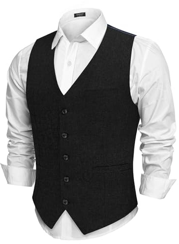 COOFANDY Men Linen V-Neck Suit Vest Fashion Dress Vest Button up Waistcoat with Pockets