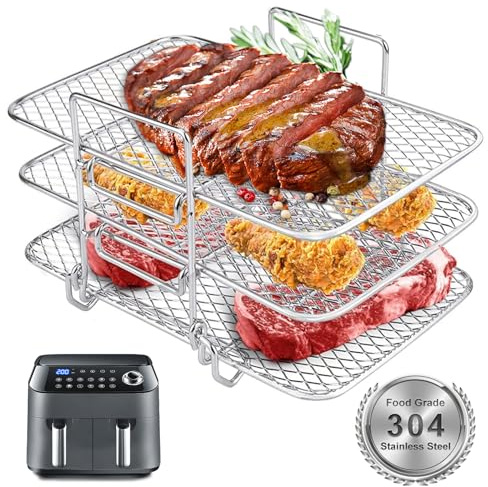 AKOFIC Luftfritösställ för Ninja Dual, 304 rostfritt stålluftfritös tillbehör tre-lagers matlagnings- och grillställ, Luftfritös tillbehör för Ninja, Salter, EMtronics Dual Air Fryer AF300UK AF400UK