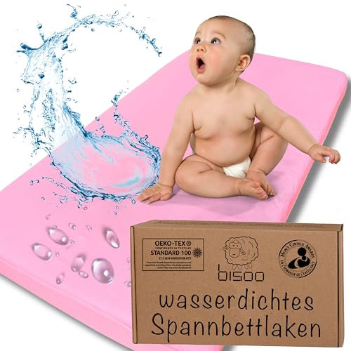 Bisoo 37x80 / 40x80 cm - wasserdichte Spannbettlaken - 2in1 Wasserfester Matratzenschoner Spannbettlaken - Baumwolljersey Zertifikat Oeko-Tex für Kinderwagen Stubenwagen Beistellbett (Rosa)