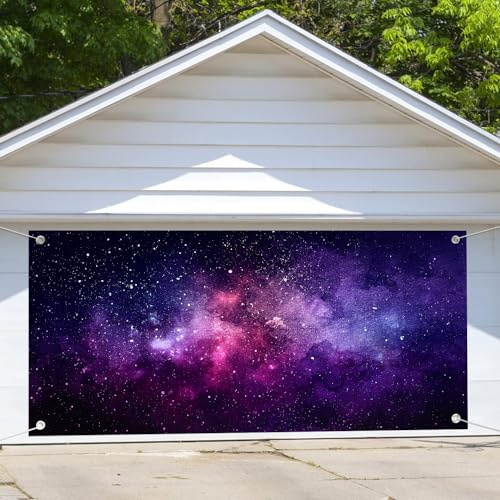 Toile de fond pour porte de garage Nuit étoilée, galaxie violette à paillettes, 4 x 1,8 m, bannière de fond pour espace extérieur extérieur intérieur enfants adultes portrait accessoires photo