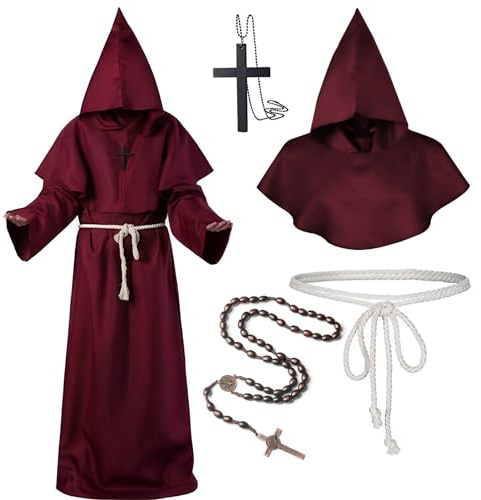 HarnyLoom Disfraz de Monje Sacerdote Traje con Capucha Túnica Medieval Disfraces Cosplay de Halloween Carnaval Cosplay para Adultos (Rojo, S)