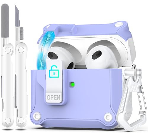 R-fun - Funda para AirPods de 3.ª generación 2021, protección Total contra caídas, Tapa emergente automática para Apple Airpod 3 Gen con Kit de Limpieza y Llavero,Blanco/Lavanda