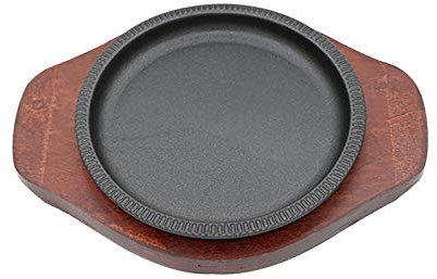 HPTHLY Fuente para Servir/Plato para Carne de Hierro Fundido presazonado con Soporte de Madera, Redondo, Plato para Parrilla y Tabla de madera-23cm
