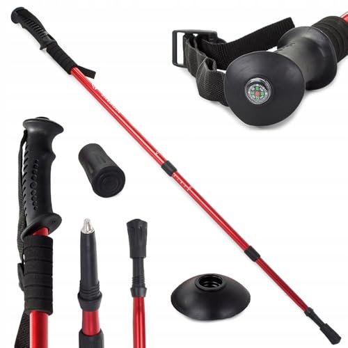 Trekkingstöcke mit Anti-Schock-System, Nordic Walking und Wandern, leichtes und robustes Aluminium, Nordic Walking Stöcke, mehrere Oberflächen und ausziehbar, 1 Paar, 135 cm (rot)